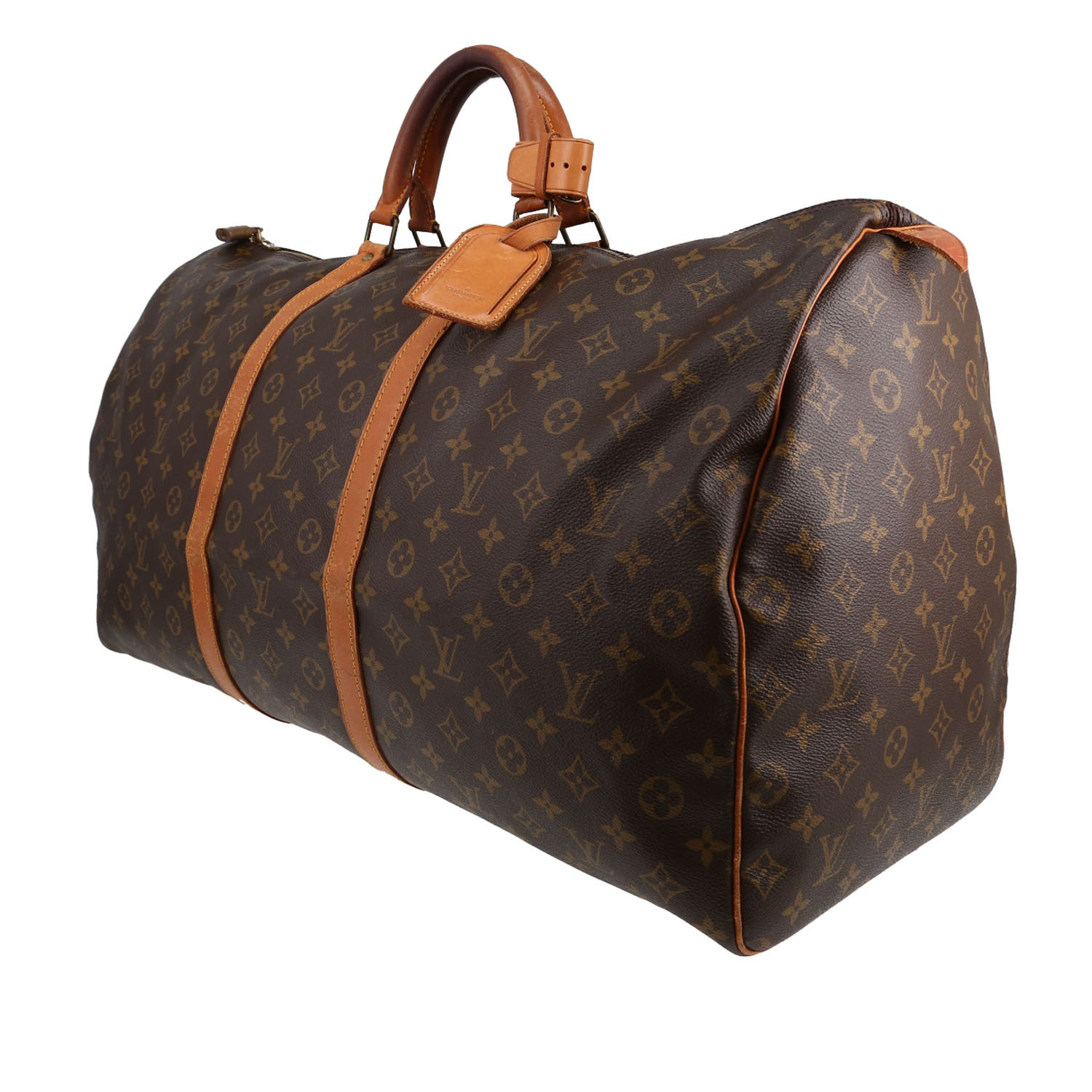 Sac de voyage Louis Vuitton  Keepall 60 en toile monogram marron et cuir naturel - Detail D2