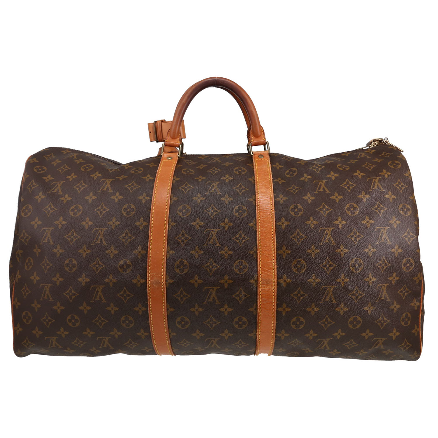Sac de voyage Louis Vuitton  Keepall 60 en toile monogram marron et cuir naturel - Detail D5