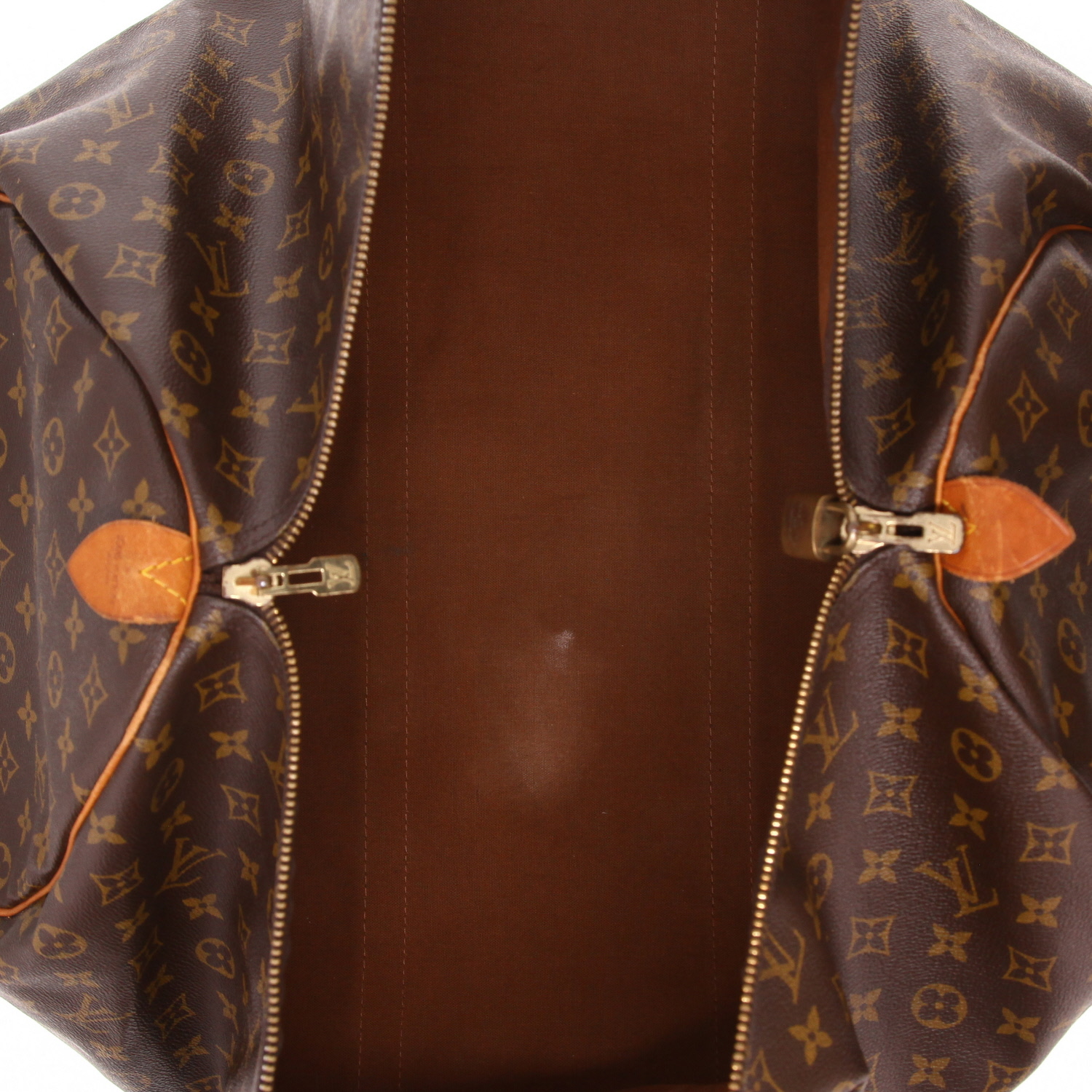 Sac de voyage Louis Vuitton  Keepall 60 en toile monogram marron et cuir naturel - Detail D7