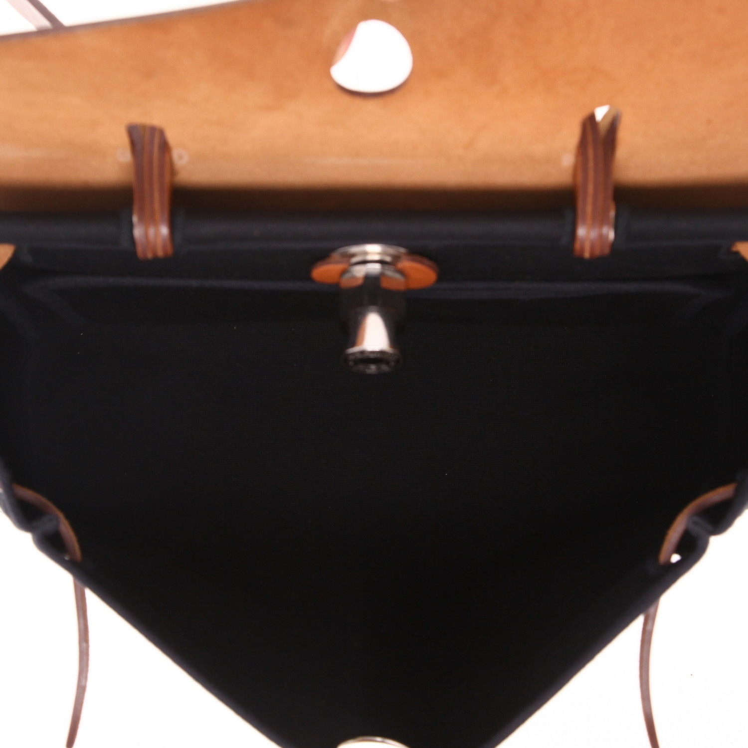 Hermès  Herbag bag worn on the shoulder or carried in the hand  in black canvas  and brown leather - Detail D3