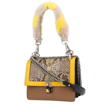 Borsa Fendi  Kan I modello piccolo  in pelle color talpa blu e gialla e pitone