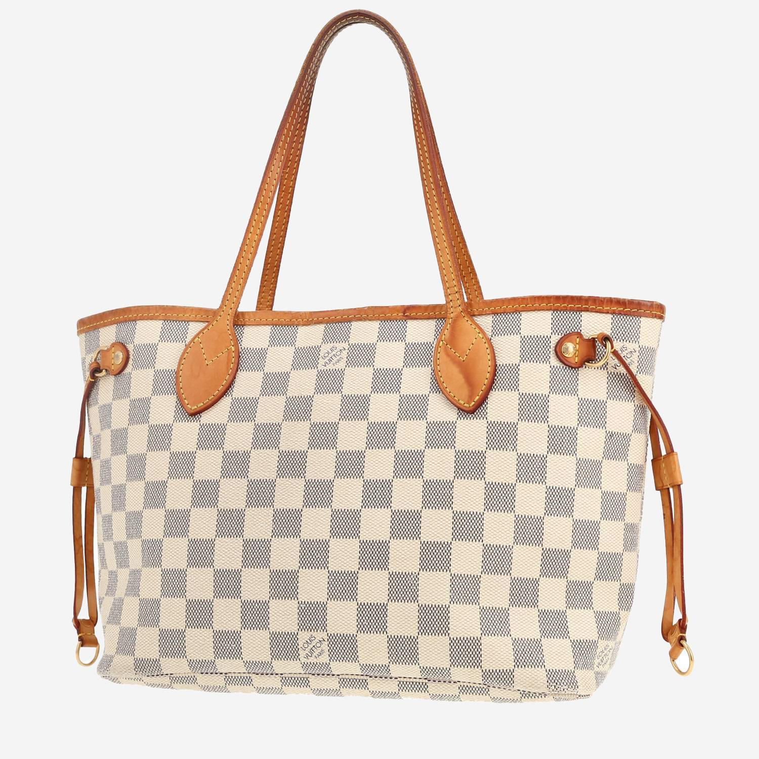 Bolso Cabás Louis Vuitton  Neverfull modelo pequeño  en lona a cuadros azul celeste y cuero natural