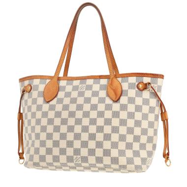 Bolso Cabás Louis Vuitton  Neverfull modelo pequeño  en lona a cuadros azul celeste y cuero natural