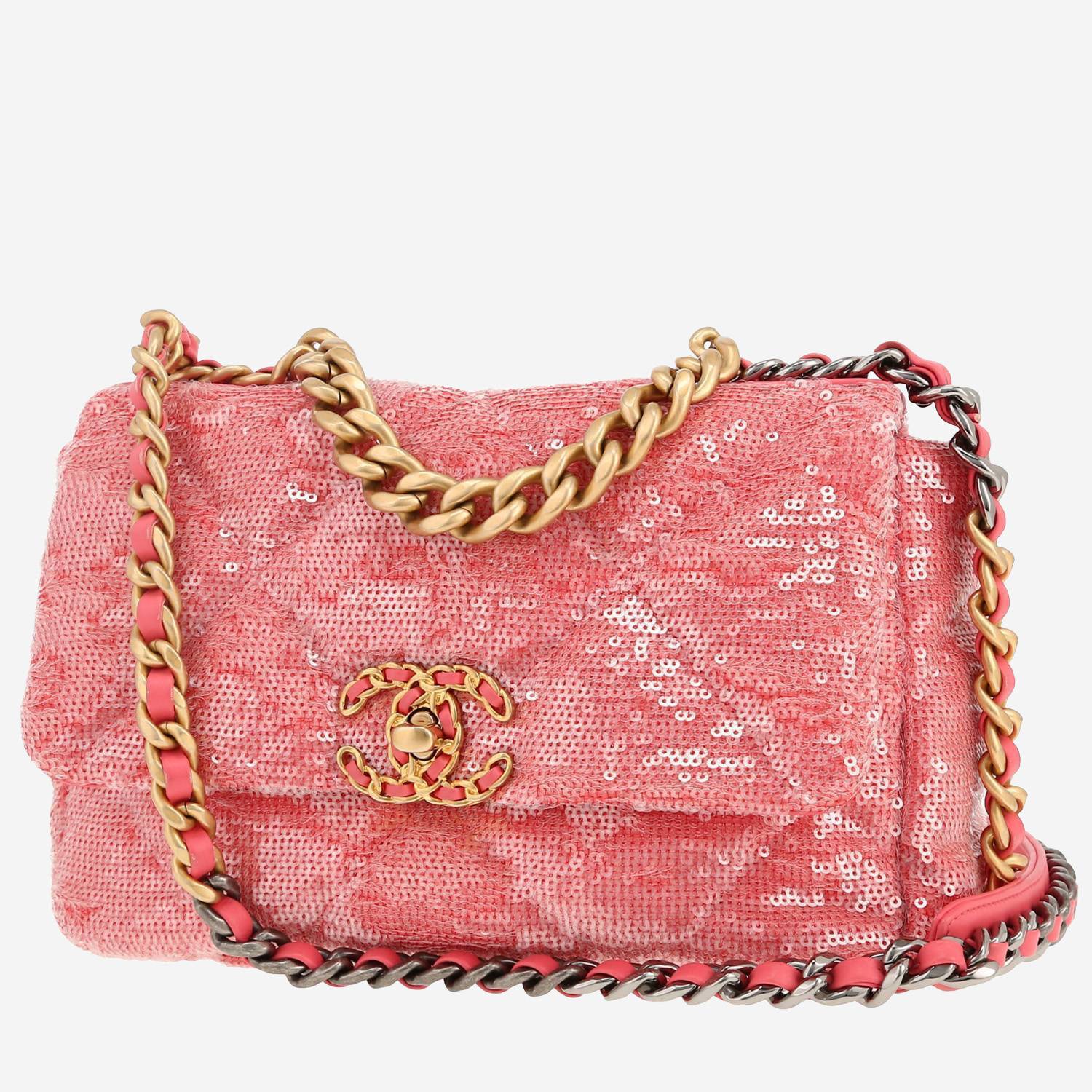 Sac bandoulière Chanel  19 en sequin et cuir rose
