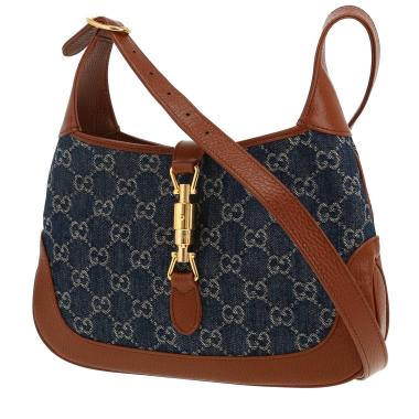 Sac bandoulière Gucci  Jackie en toile denim monogrammée bleue et cuir marron