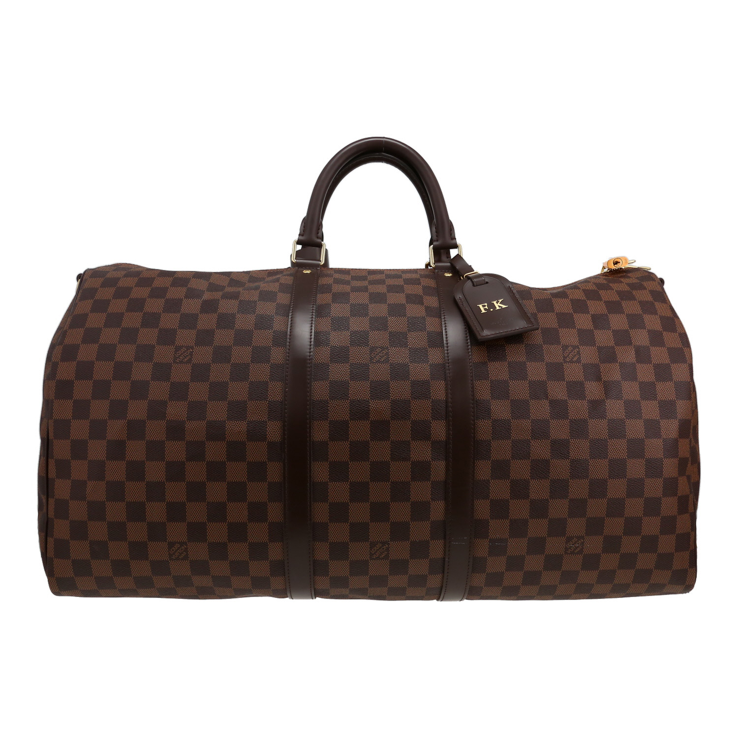 Borsa da viaggio Louis Vuitton Keepall 55 in tela Damier Ébène e pelle marrone - Detail D1