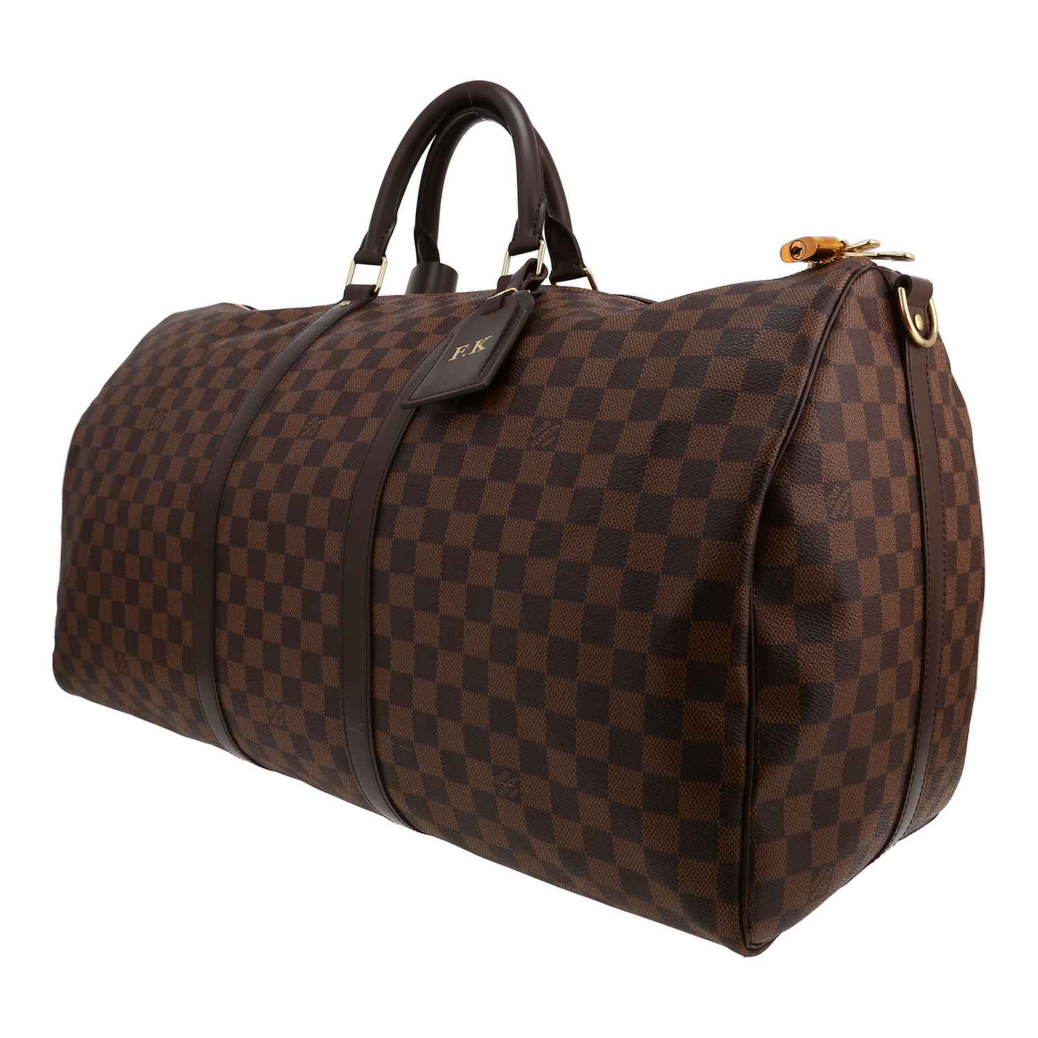 Bolsa de viaje Louis Vuitton Keepall 55 en lona Damier Ébène y piel marrón - Detail D2