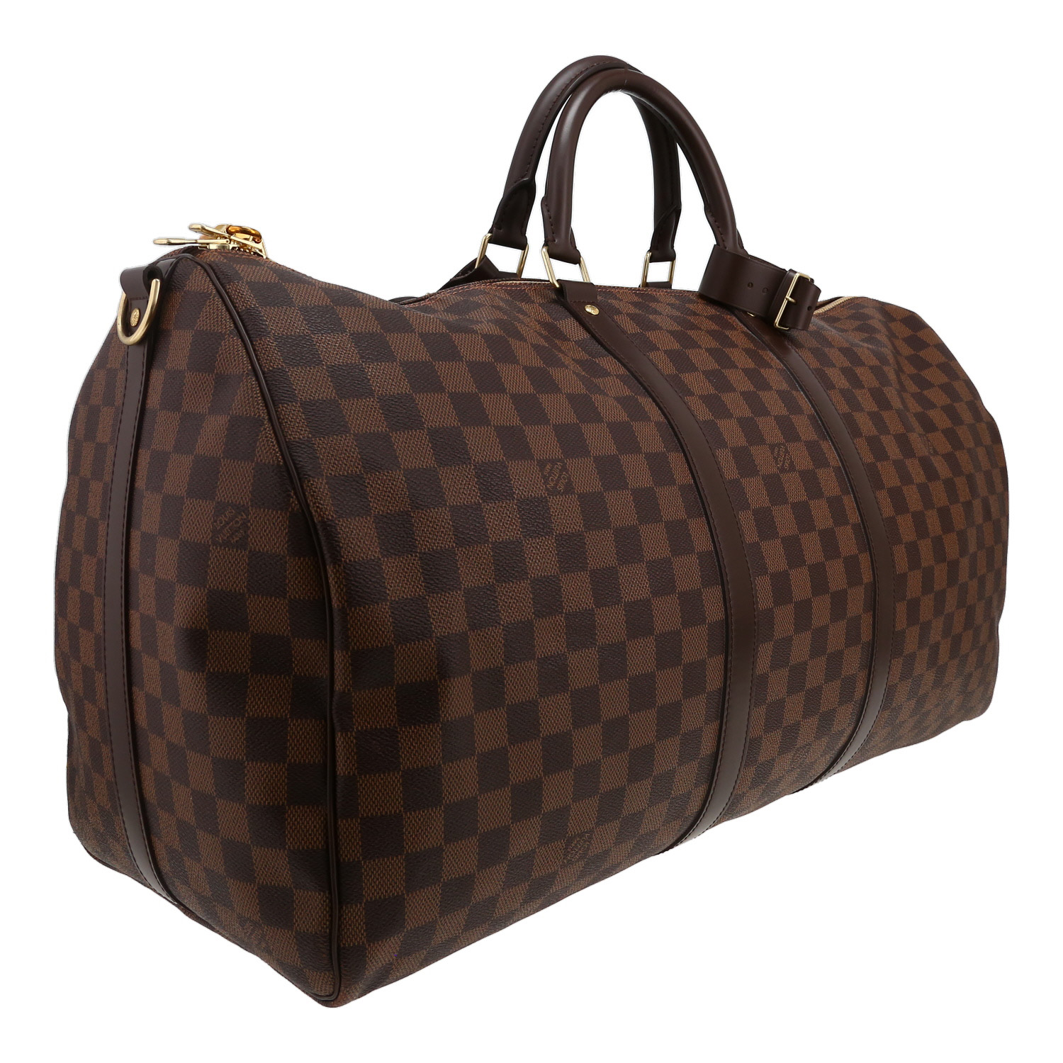 Bolsa de viaje Louis Vuitton Keepall 55 en lona Damier Ébène y piel marrón - Detail D3