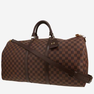 Sac de voyage Louis Vuitton  Keepall 55 en toile damier ébène et cuir marron