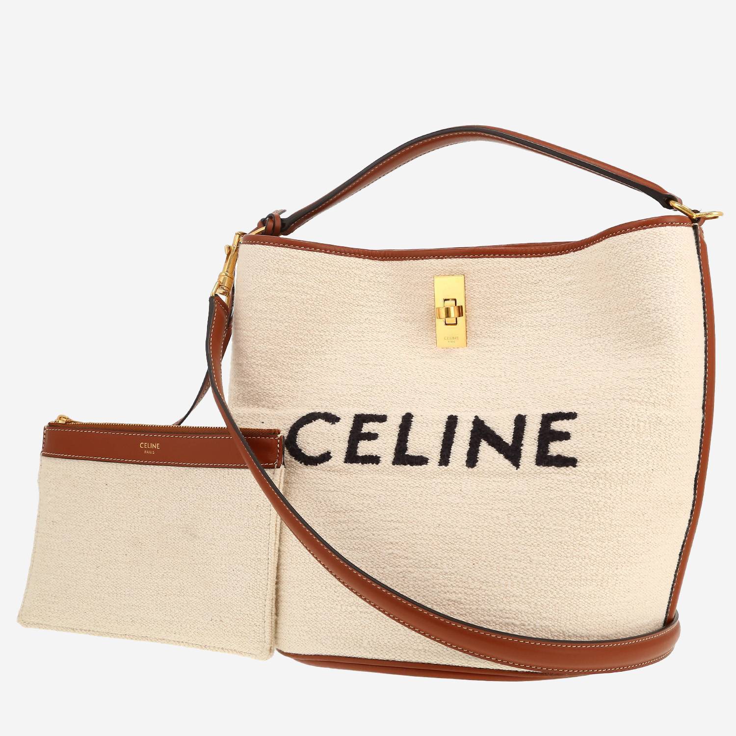 Celine  Seau 16 handbag  in beige canvas  and brown leather