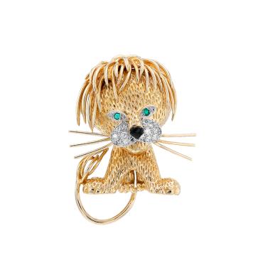 Broche época años 60 Van Cleef 
Arpels Lion Ebouriffé modelo grande de oro amarillo, diamantes y esmeralda