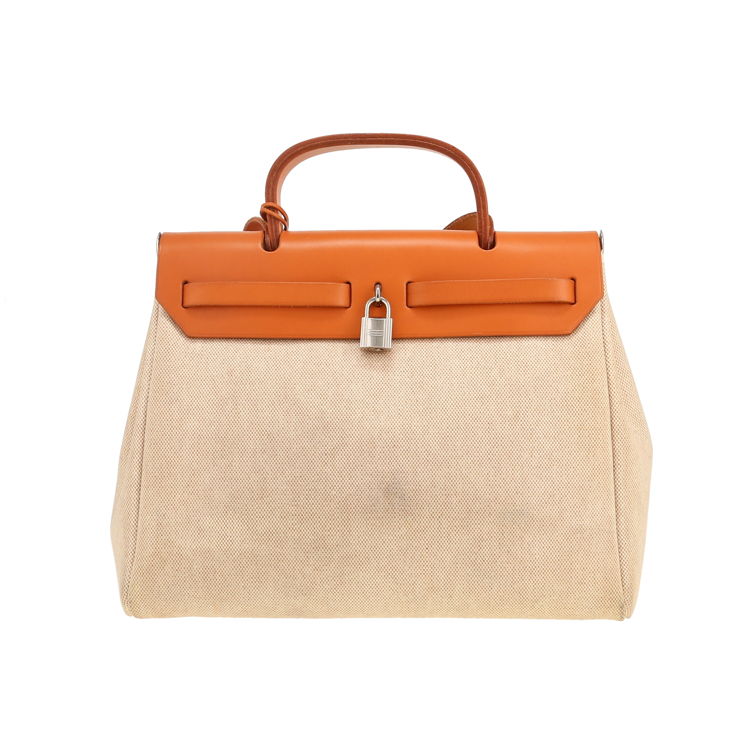 Hermès Herbag bag worn on the shoulder or carried in the hand in beige canvas and Hunter cowhide - Detail D4