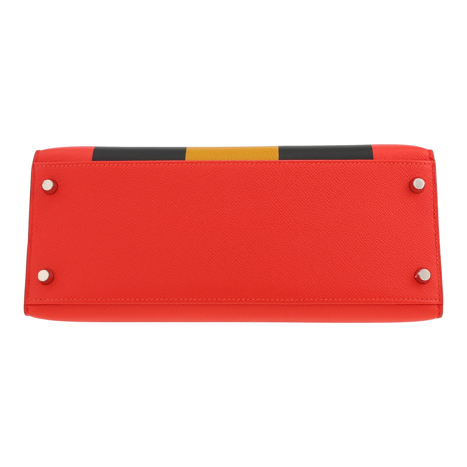 Hermès  Kelly 28 cm handbag  in Capucine, yellow and Bleu Obscur epsom leather - Detail D1