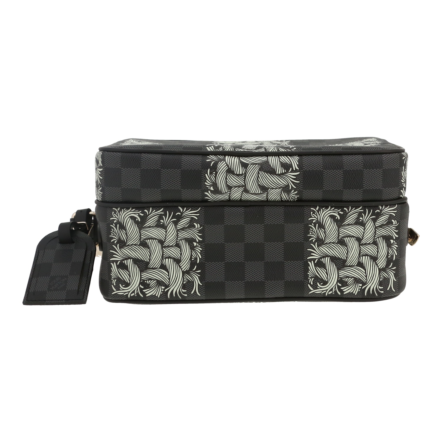 Borsa a tracolla Louis Vuitton  Editions Limitées in tela cerata con motivo a scacchi grigio Graphite e pelle nera - Detail D1