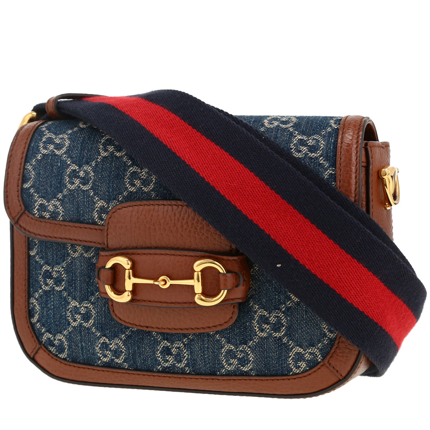 Borsa a tracolla Gucci  1955 Horsebit modello piccolo  in tela denim monogram blu e pelle marrone - Detail D4