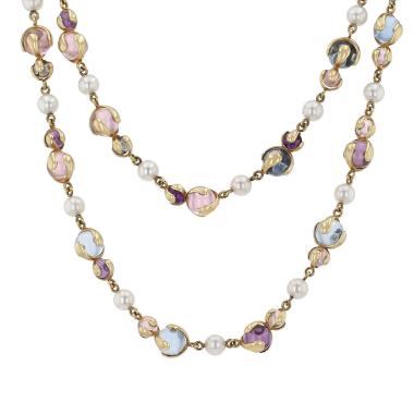 Marina B Cardan long necklace in yellow gold, amethyst and pearls
