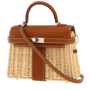 Sac à main Hermès  Kelly 20 cm Picnic en osier et cuir Barénia marron