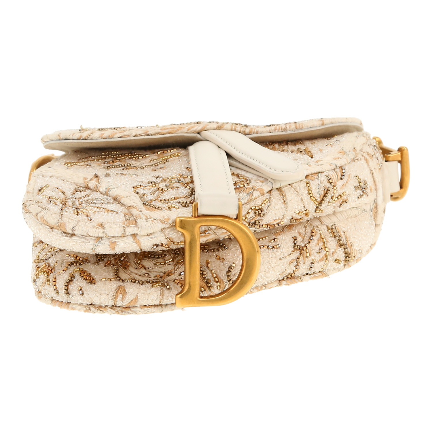 Sac à main Dior  Saddle mini  en toile beige et cuir blanc - Detail D1