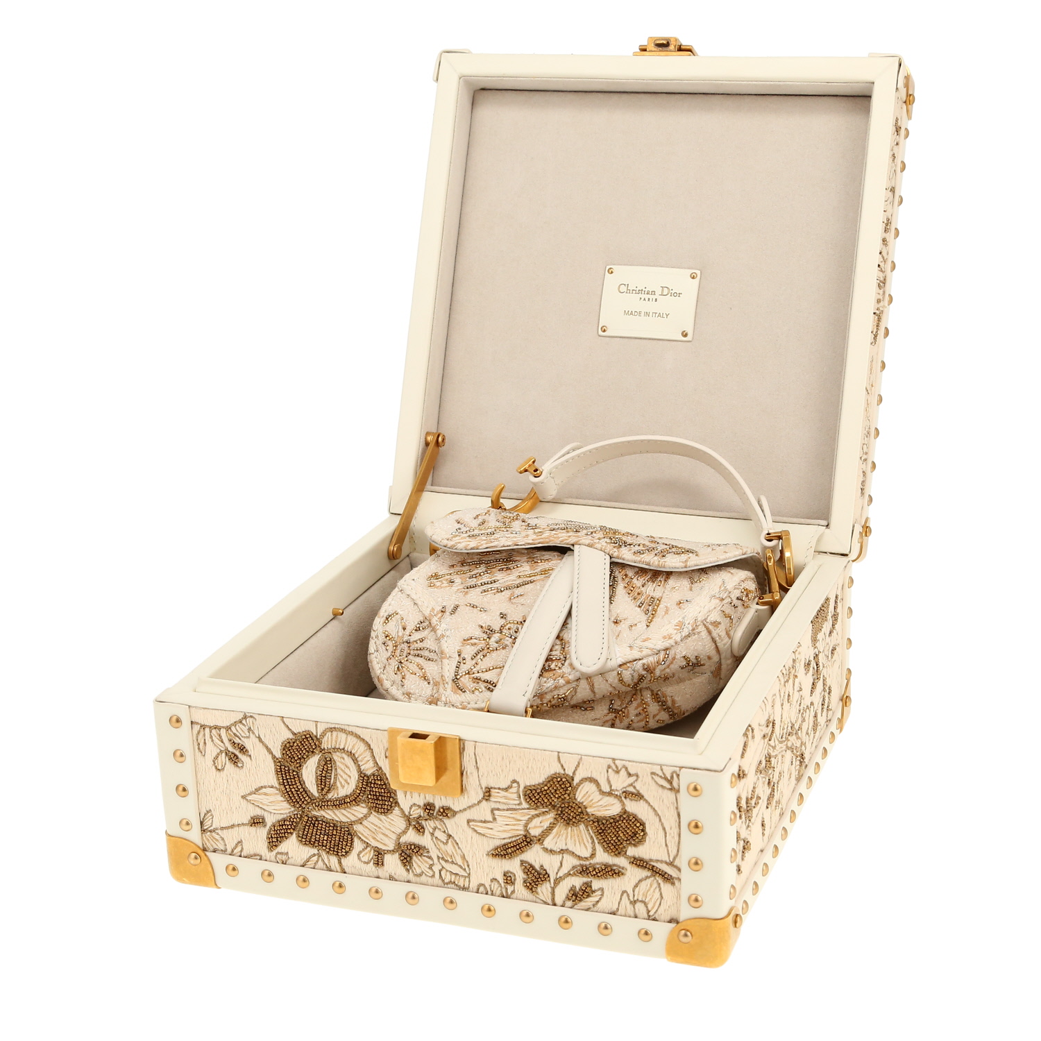Borsa Dior  Saddle mini  in tela beige e pelle bianca - Detail D4