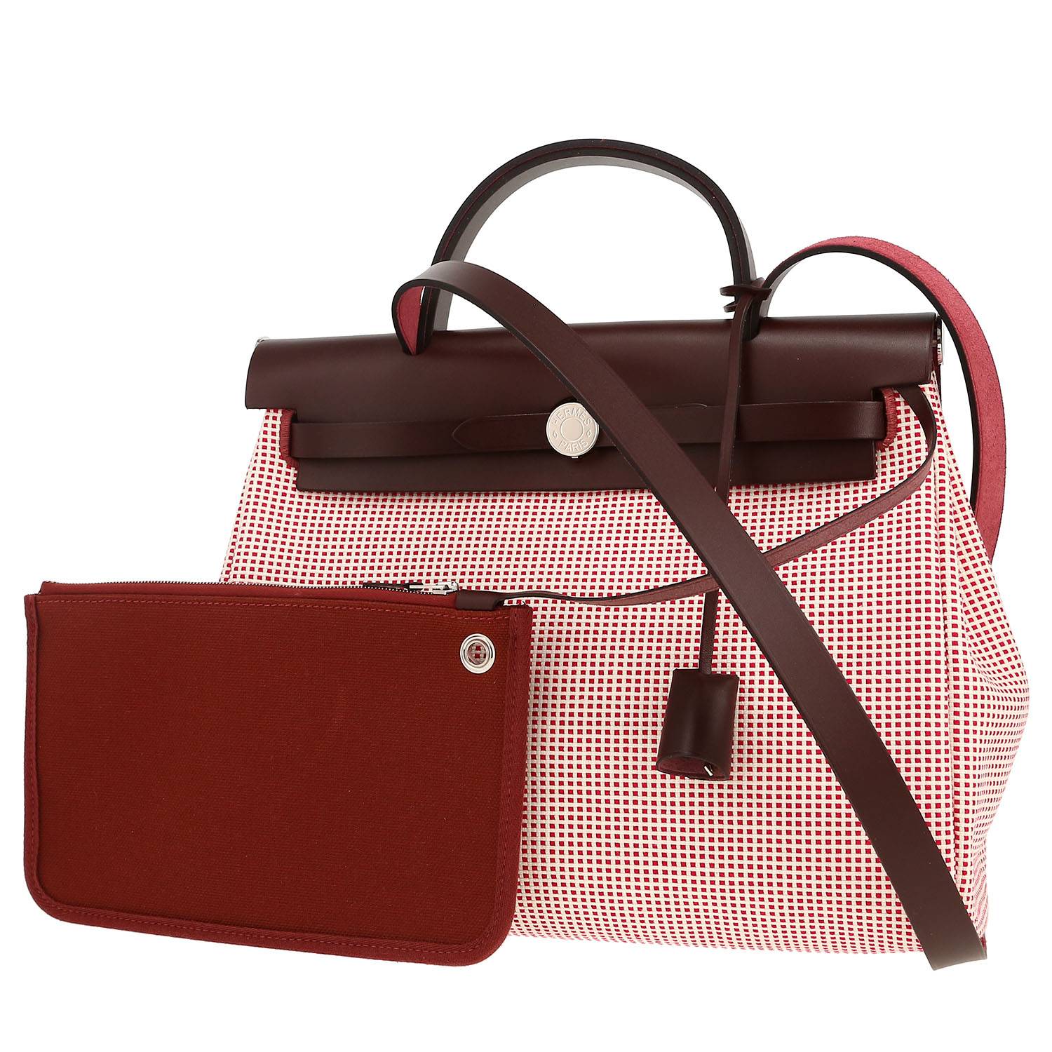 Borsa Hermès  Herbag Quadrille in tela rossa e color crema e pelle bordeaux - 00pp