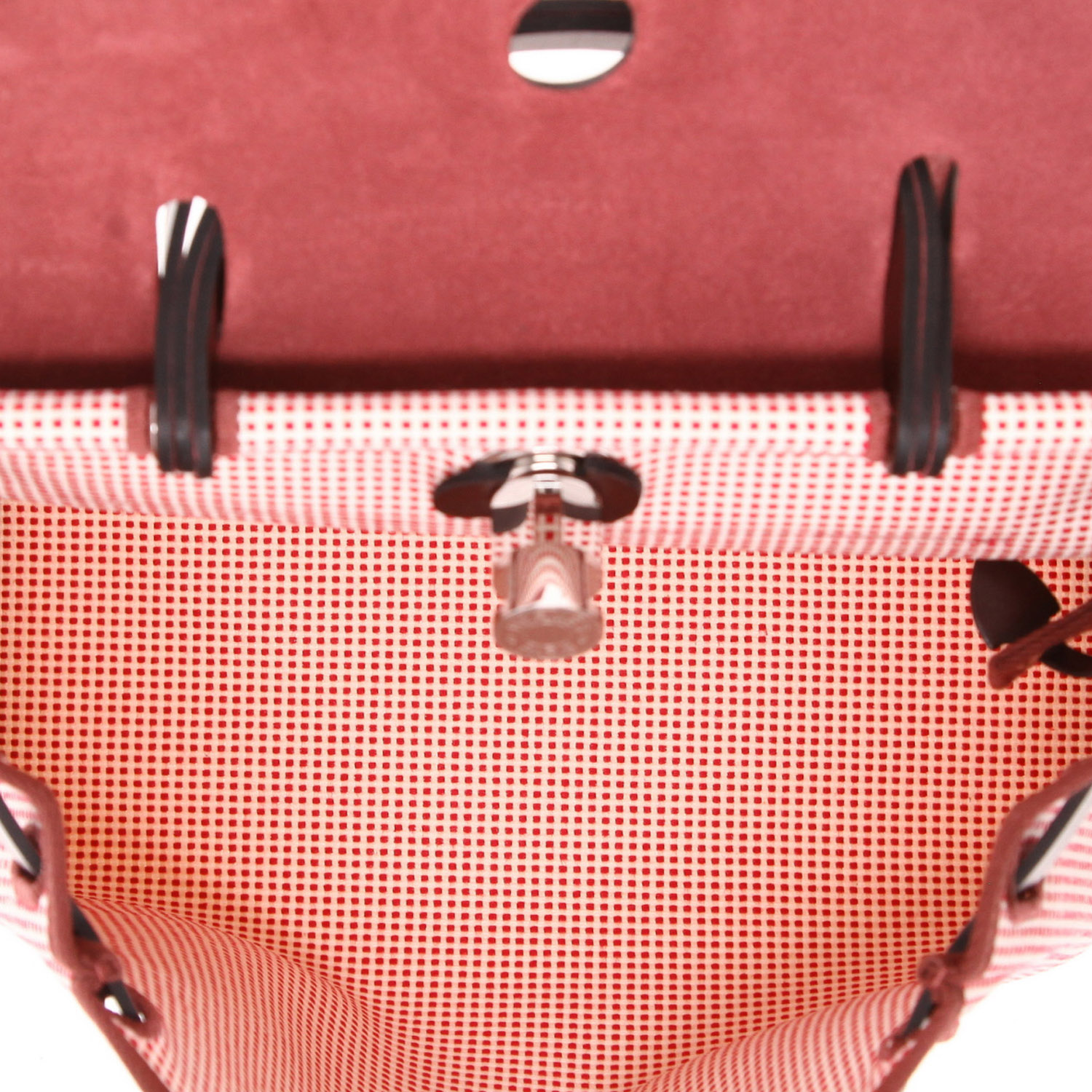 Hermès  Herbag Quadrille handbag  in red and cream color canvas  and burgundy leather - Detail D3