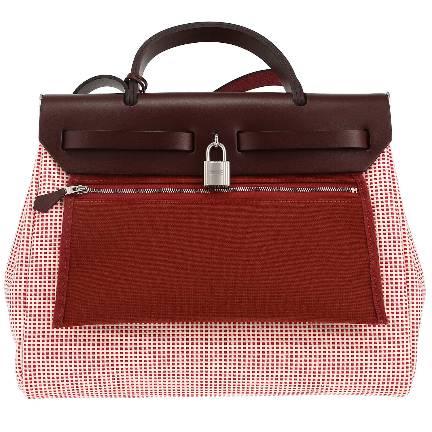 Hermès  Herbag Quadrille handbag  in red and cream color canvas  and burgundy leather - Detail D4