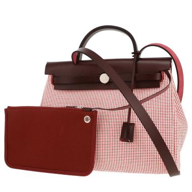 Sac à main Hermès  Herbag Quadrille en toile rouge et crème et cuir bordeaux
