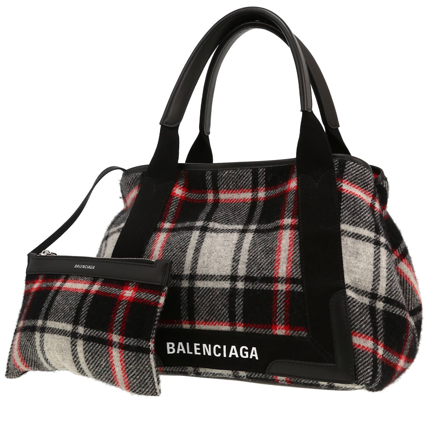 Balenciaga Navy cabas shopping bag in black, grey and red printed canvas and black leather