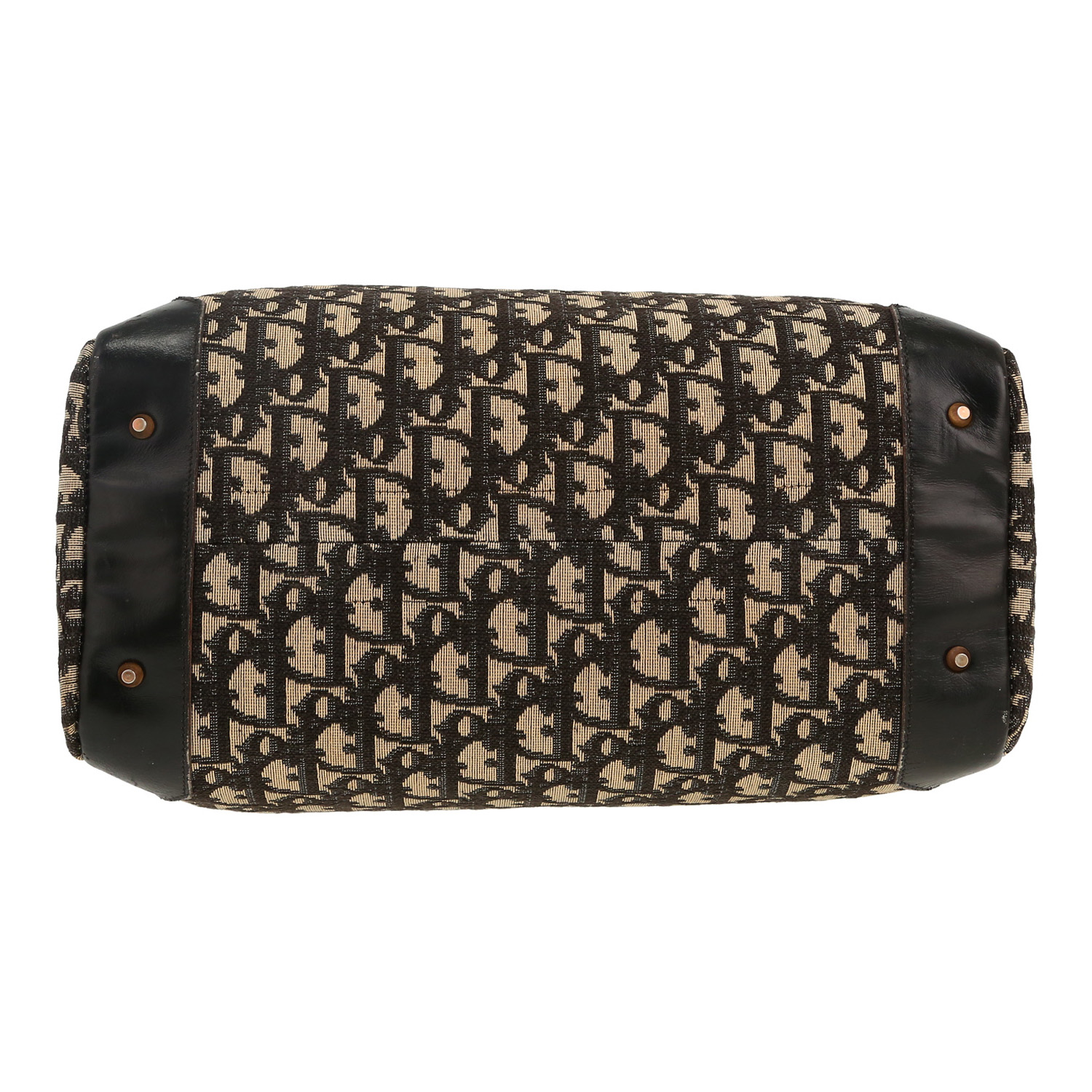 Sac à main Dior  Vintage en toile monogram Oblique beige et noire et cuir noir - Detail D1