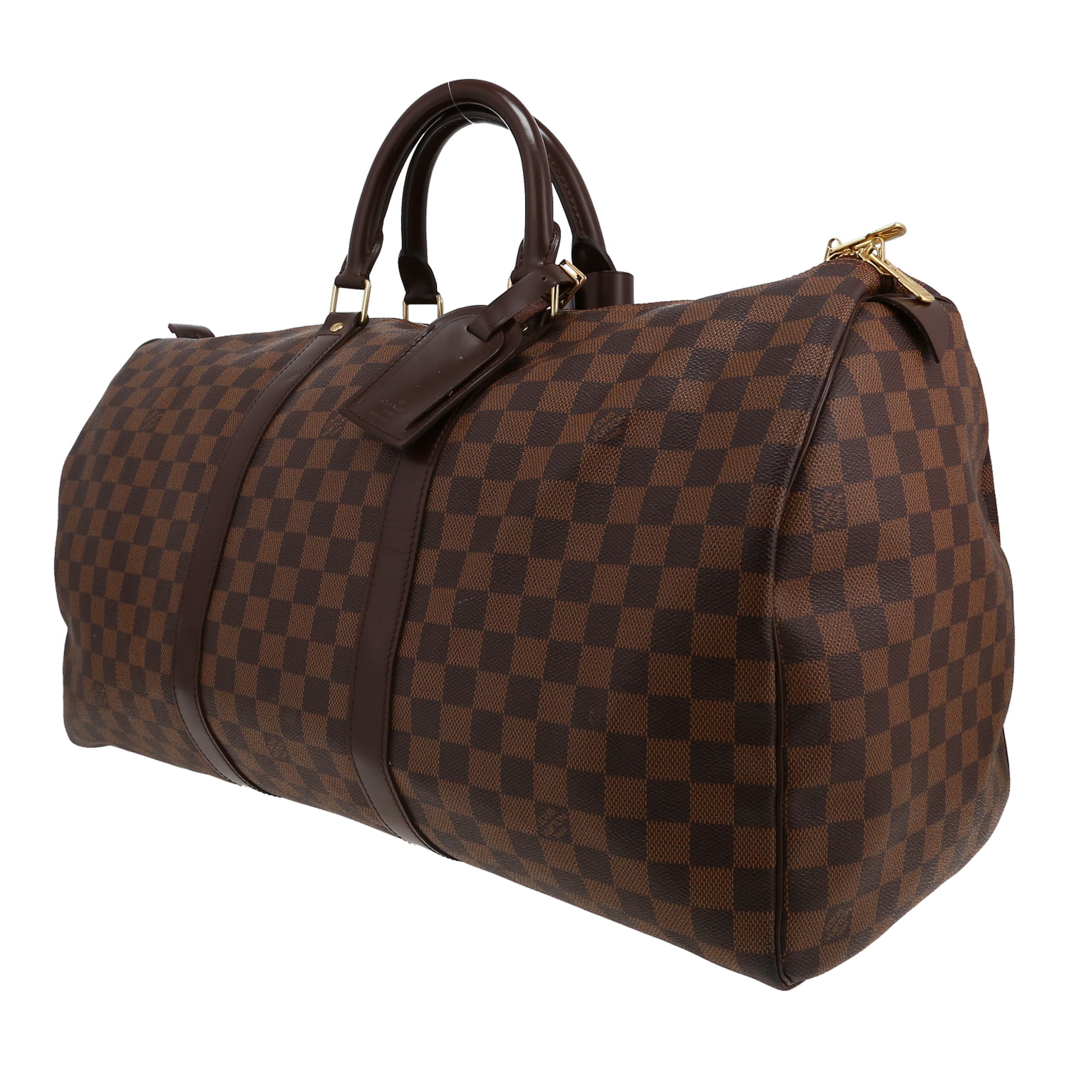 Sac de voyage Louis Vuitton  Keepall 50 en toile damier ébène et cuir marron - Detail D2