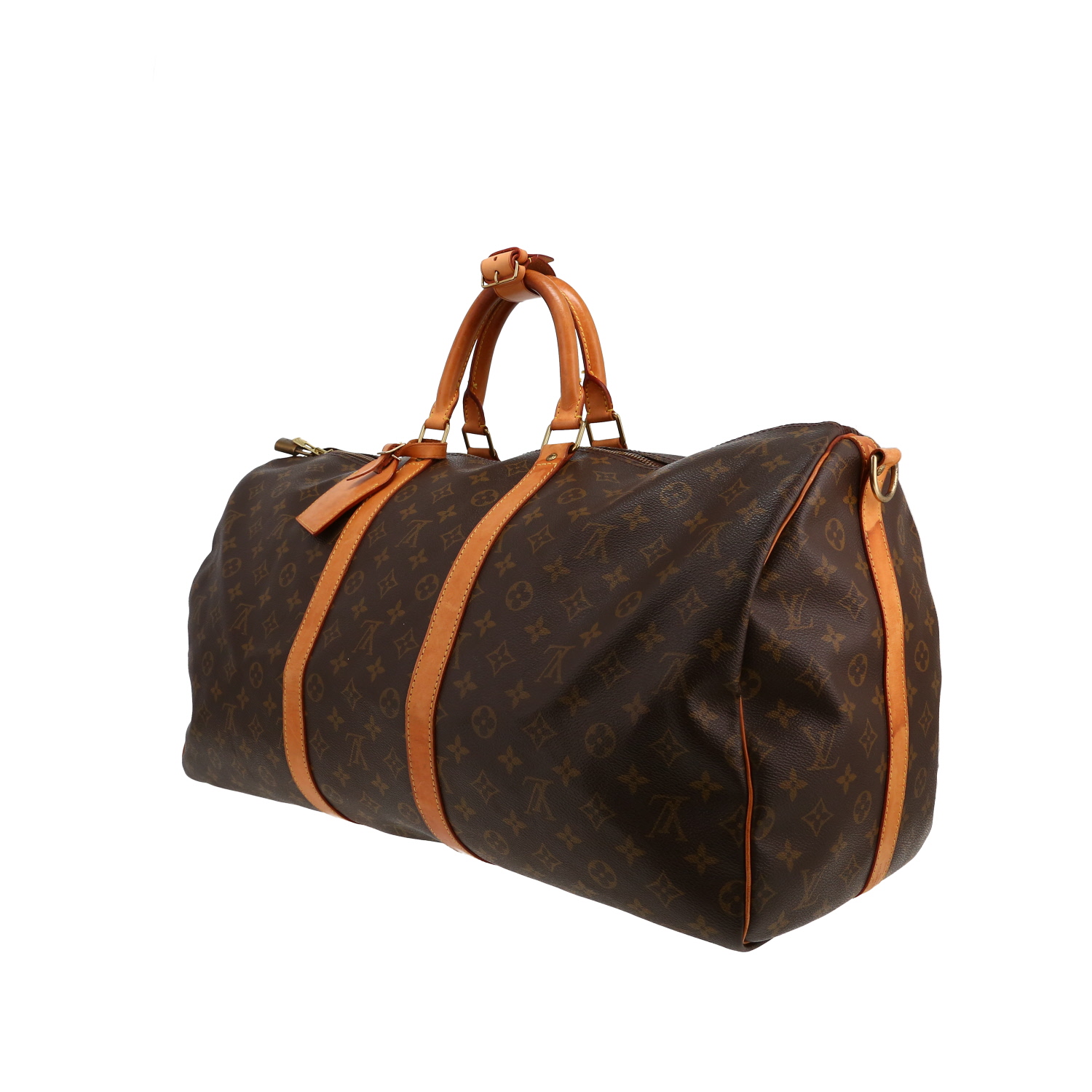 Bolsa de viaje Louis Vuitton  Keepall 55 en lona Monogram marrón y cuero natural - Detail D3