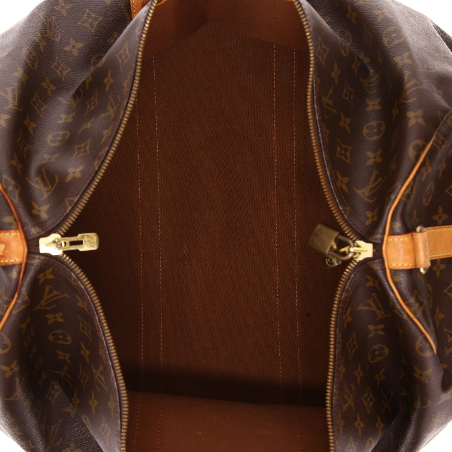 Sac de voyage Louis Vuitton  Keepall 55 en toile monogram marron et cuir naturel - Detail D8