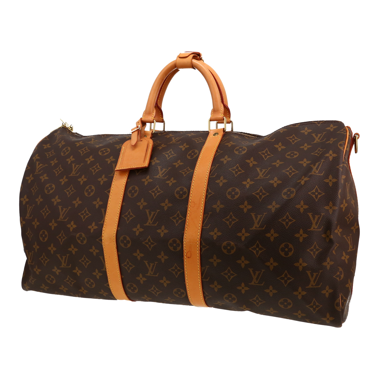 Borsa da viaggio Louis Vuitton  Keepall 55 in tela monogram marrone e pelle naturale - Detail D2