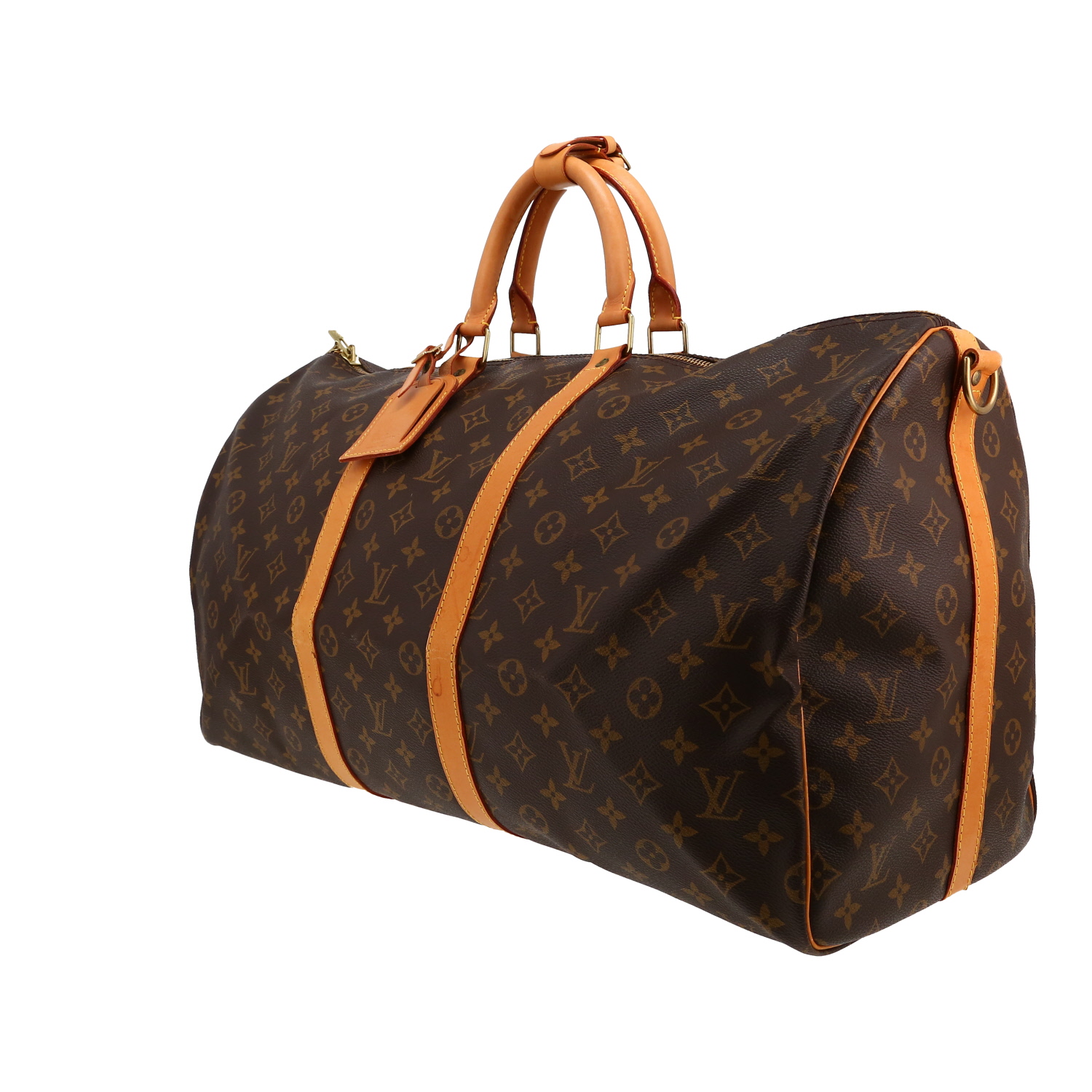 Sac de voyage Louis Vuitton  Keepall 55 en toile monogram marron et cuir naturel - Detail D3