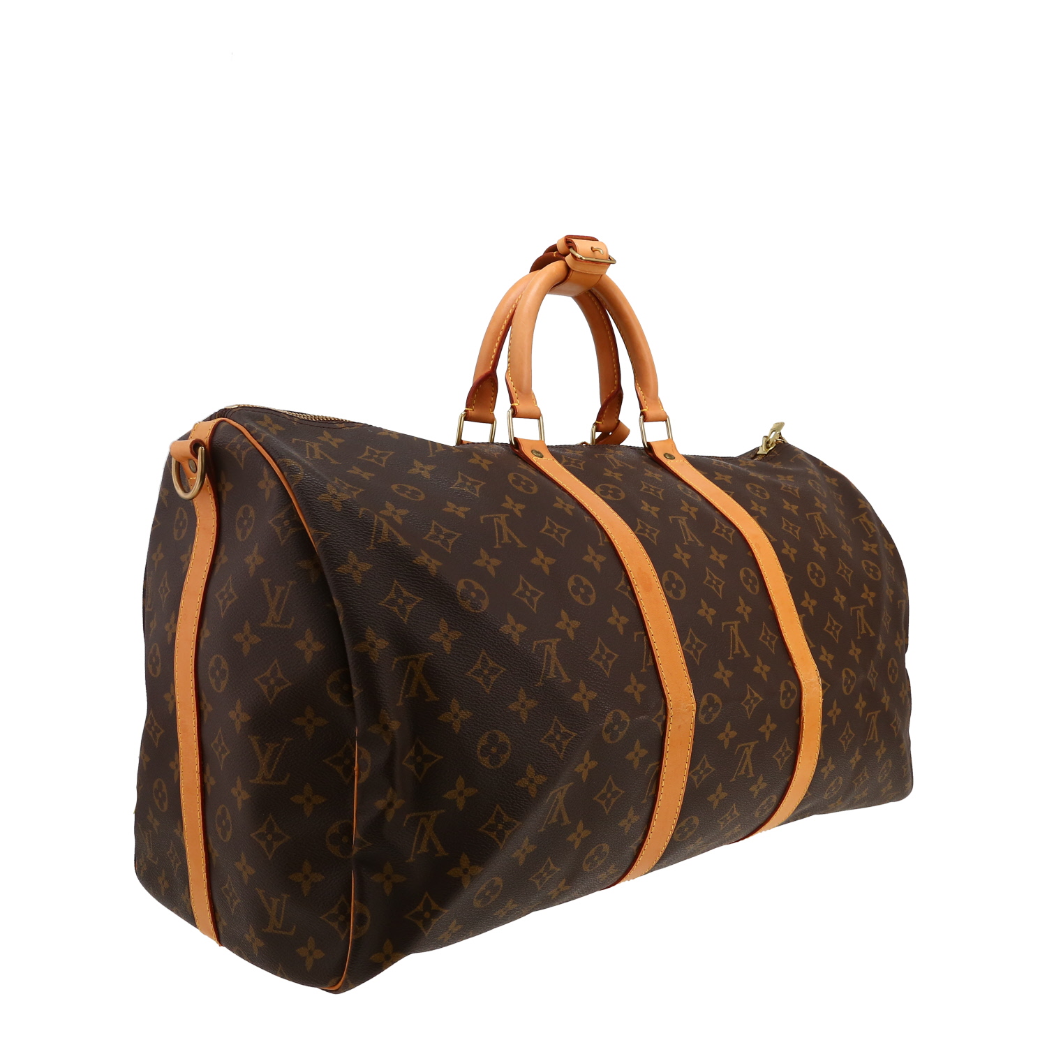 Borsa da viaggio Louis Vuitton  Keepall 55 in tela monogram marrone e pelle naturale - Detail D5