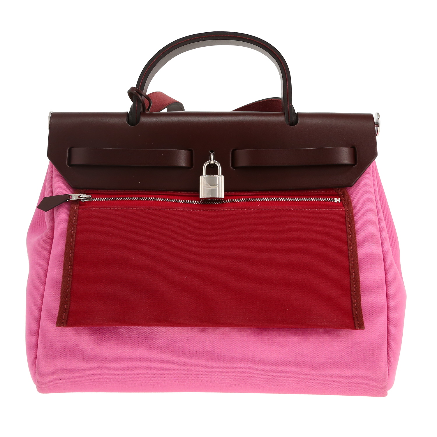 Hermès Herbag handbag in pink canvas and Rouge Sellier leather - Detail D4