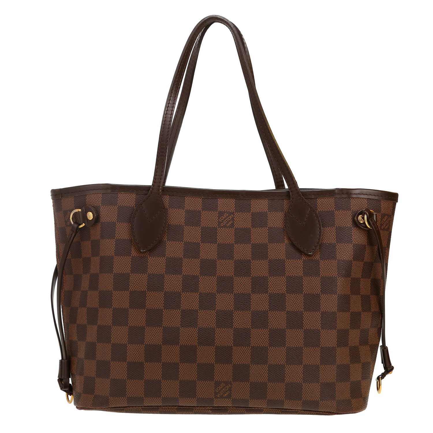 Louis Vuitton  Neverfull small model  shopping bag  in ebene damier canvas  and brown leather - Detail D4
