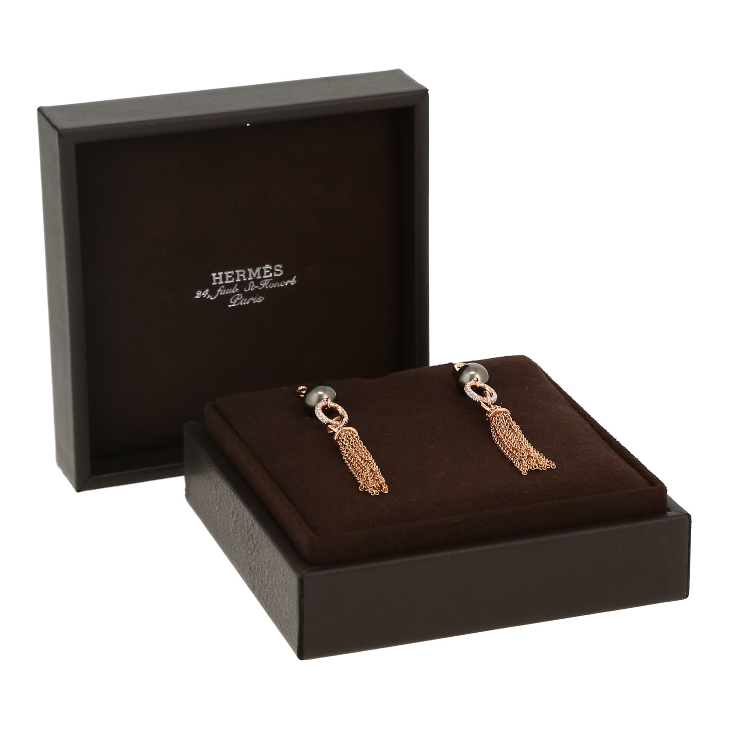 Paire de boucles d'oreilles Hermès Chaîne d'Ancre en or rose, diamants et perles de culture de Tahiti - Detail D2