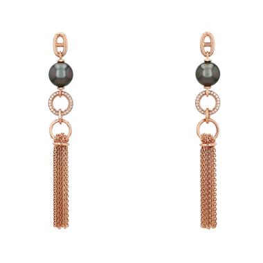 Paire de boucles d'oreilles Hermès Chaîne d'Ancre en or rose, diamants et perles de culture de Tahiti