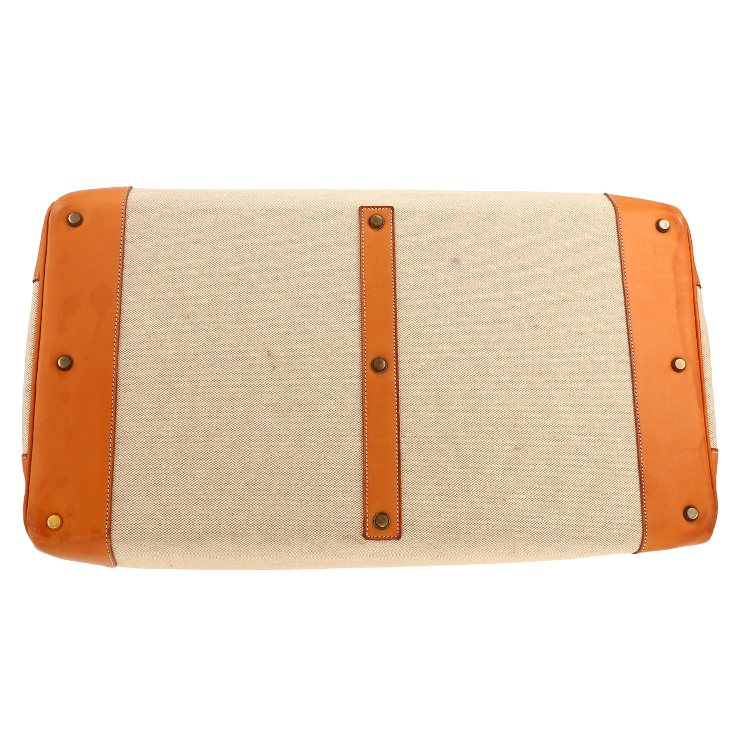 Hermès  Haut à Courroies travel bag  in beige canvas  and natural leather - Detail D1