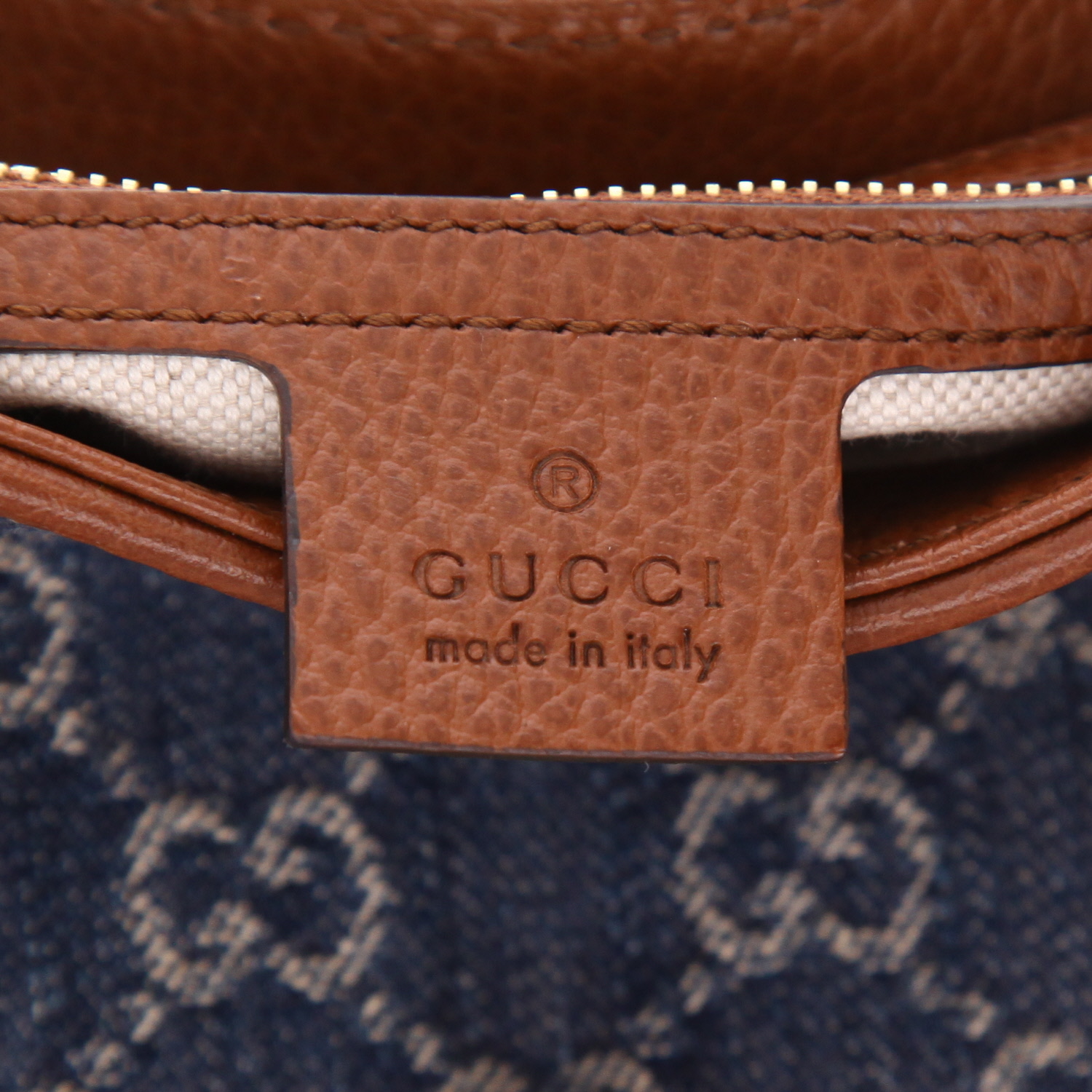 Borsa Gucci  Jackie in tela denim monogram blu e pelle marrone - Detail D2