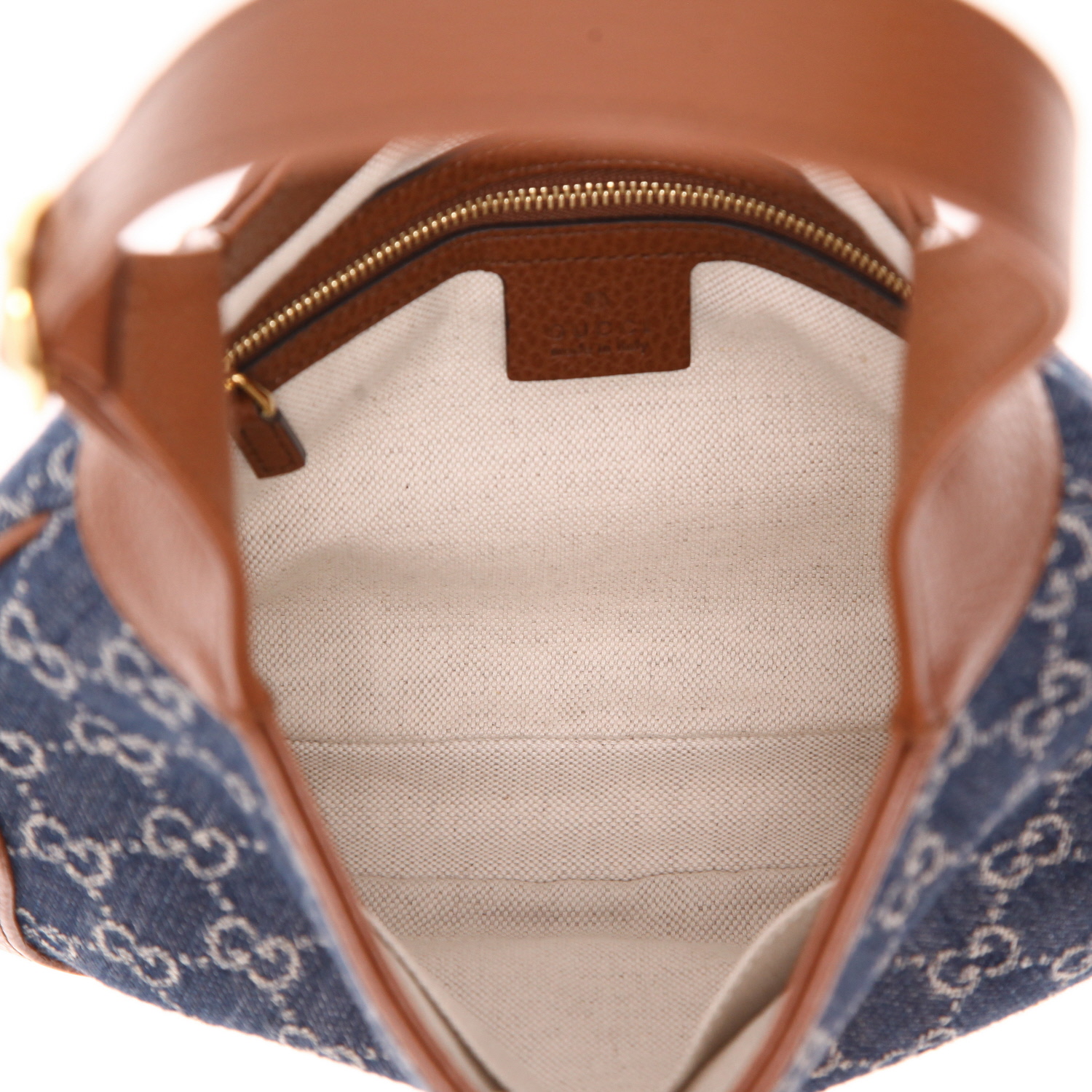 Bolso de mano Gucci  Jackie en lona denim Monogram azul y cuero marrón - Detail D3