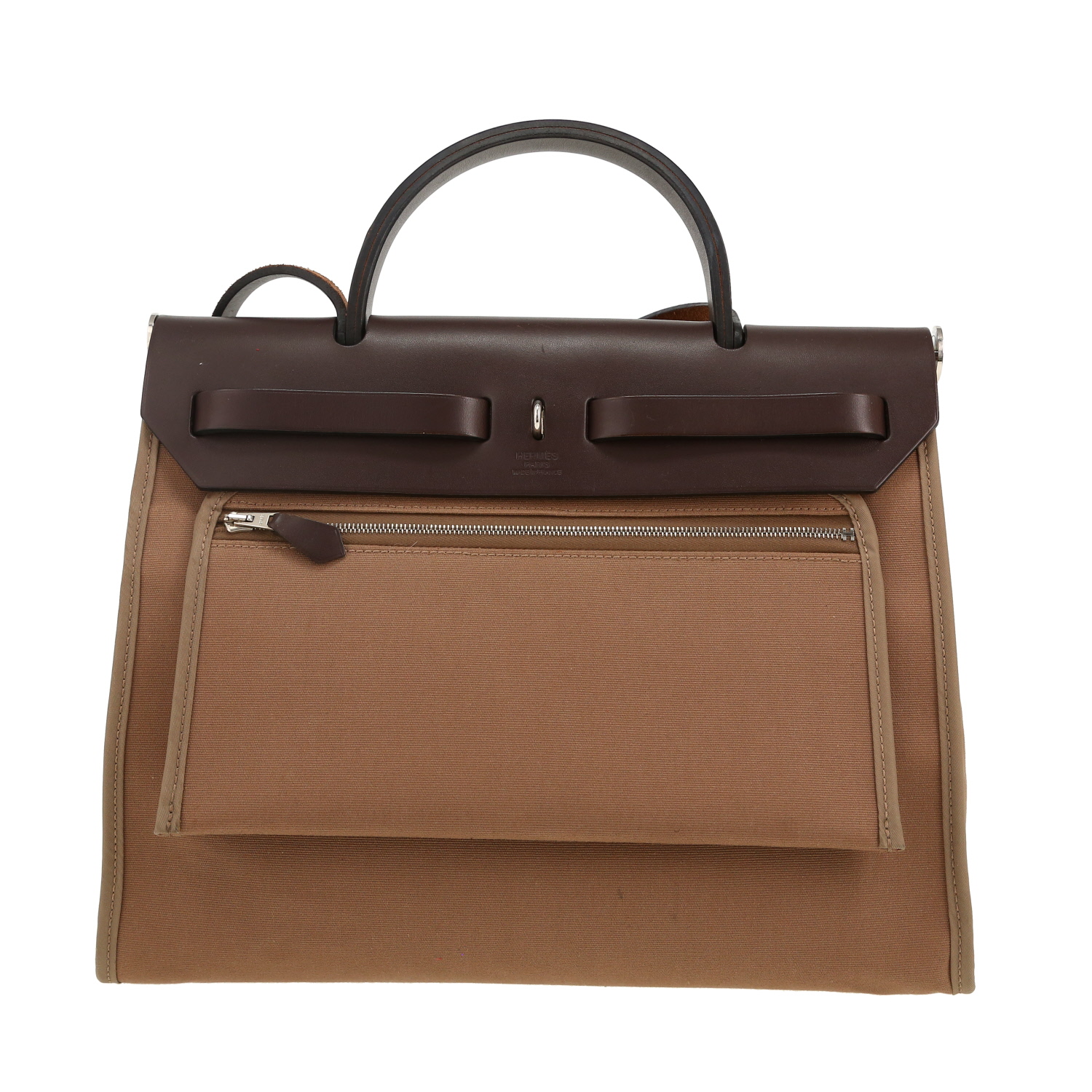 Bolso para llevar al hombro o en la mano Hermès  Herbag en lona marrón y cuero marrón - Detail D4