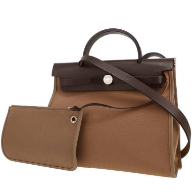 Sac porté épaule ou main Hermès  Herbag en toile marron et cuir marron
