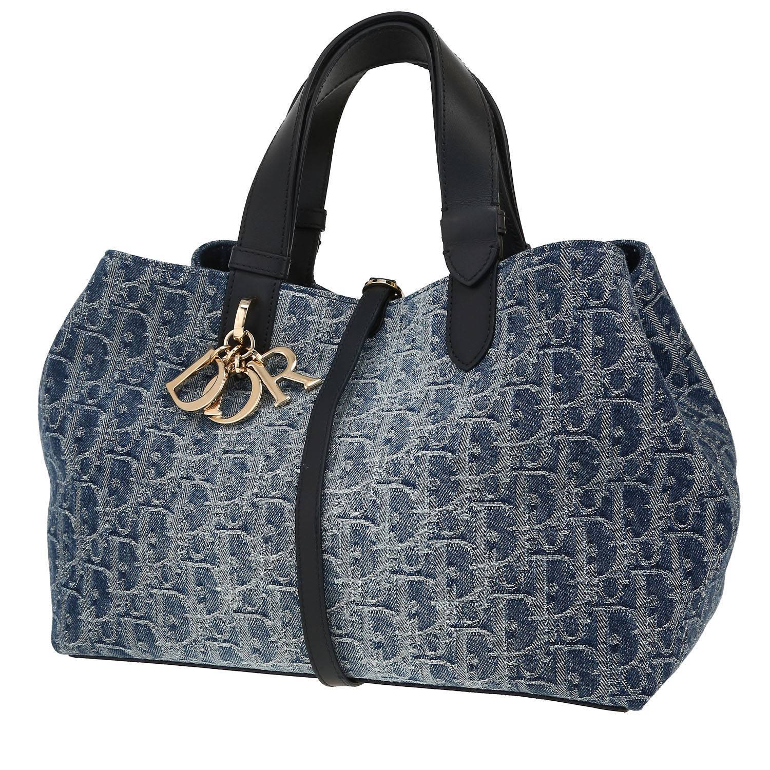 Shopping bag Dior  Toujours in tela denim Oblique blu marino e pelle blu marino