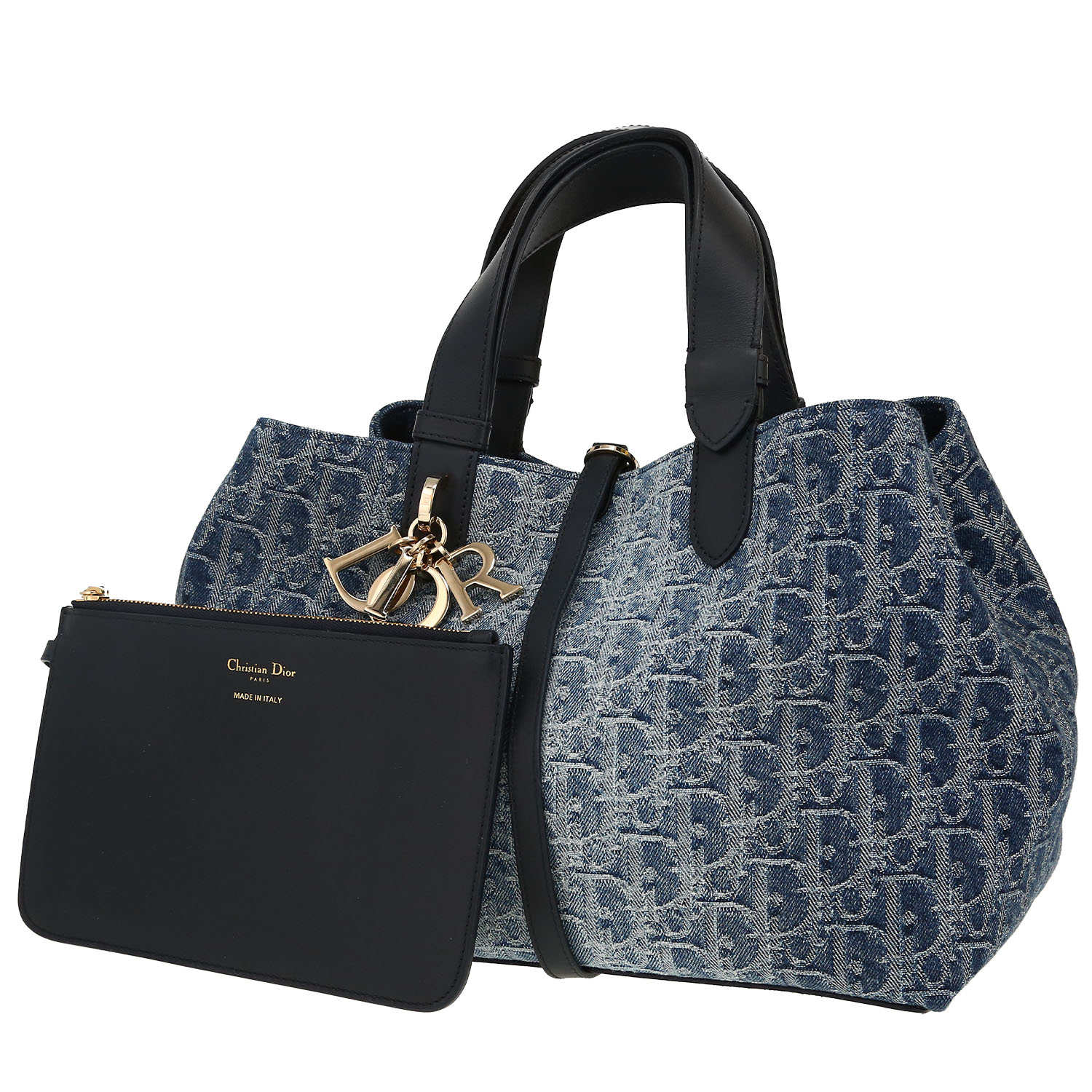 Dior Toujours shopping bag in navy blue Oblique denim canvas and navy blue leather - Detail D5