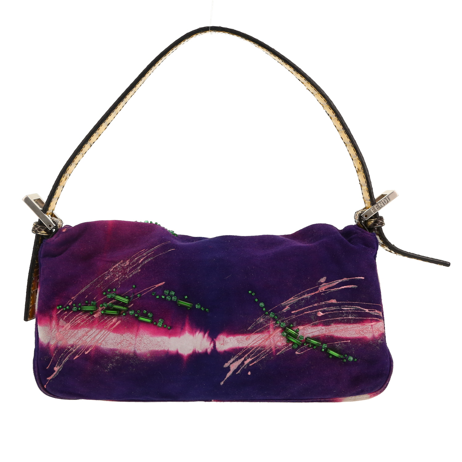 Fendi Baguette handbag in purple canvas with a green pearl - Detail D4
