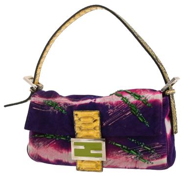 Borsa Fendi Baguette in tela viola con perla verde