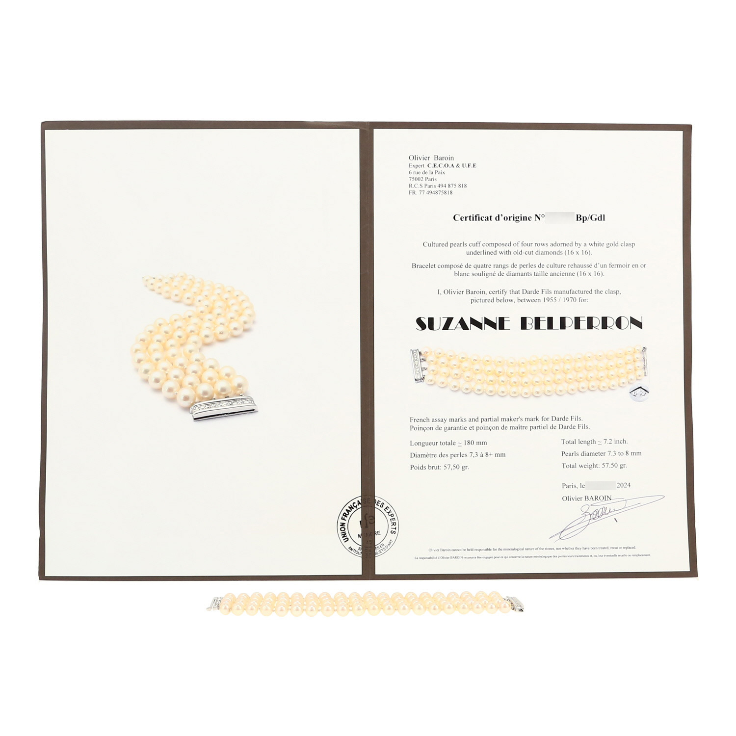 Bracelet années 60 Suzanne Belperron en or blanc, perles de culture et diamants - Detail D2