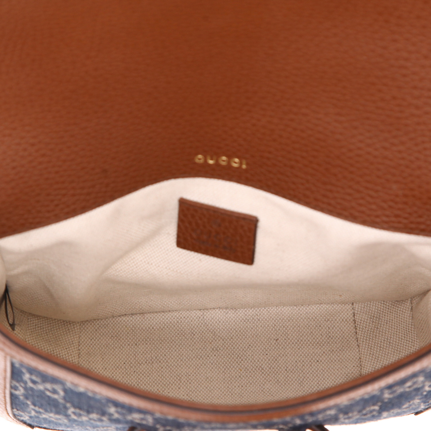 Gucci  1955 Horsebit mini  shoulder bag  in blue monogram denim canvas  and brown leather - Detail D3